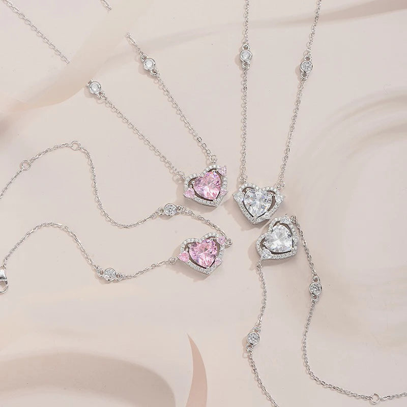 Women's 925 Silver Luxury Zircon Sweet Heart Pendant Necklace