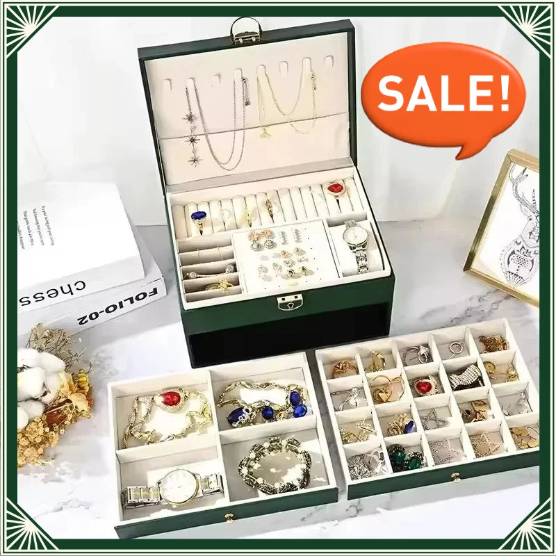 Women's 3-Layer Leather Jewellery Box with Lock