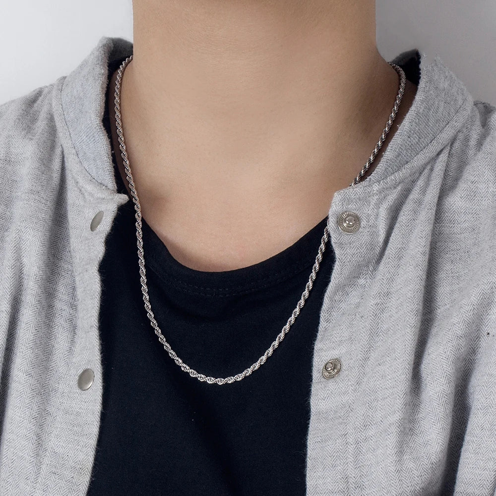 Unisex 925 Silver Twist Rope Diamond Cut Chain Necklace