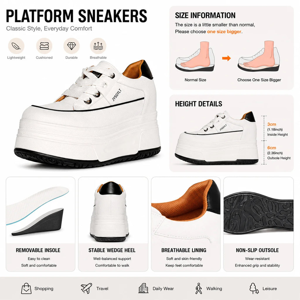 Fujin Hidden Heel Shoes: 9cm platform, comfortable, casual, chunky wedge sneakers.