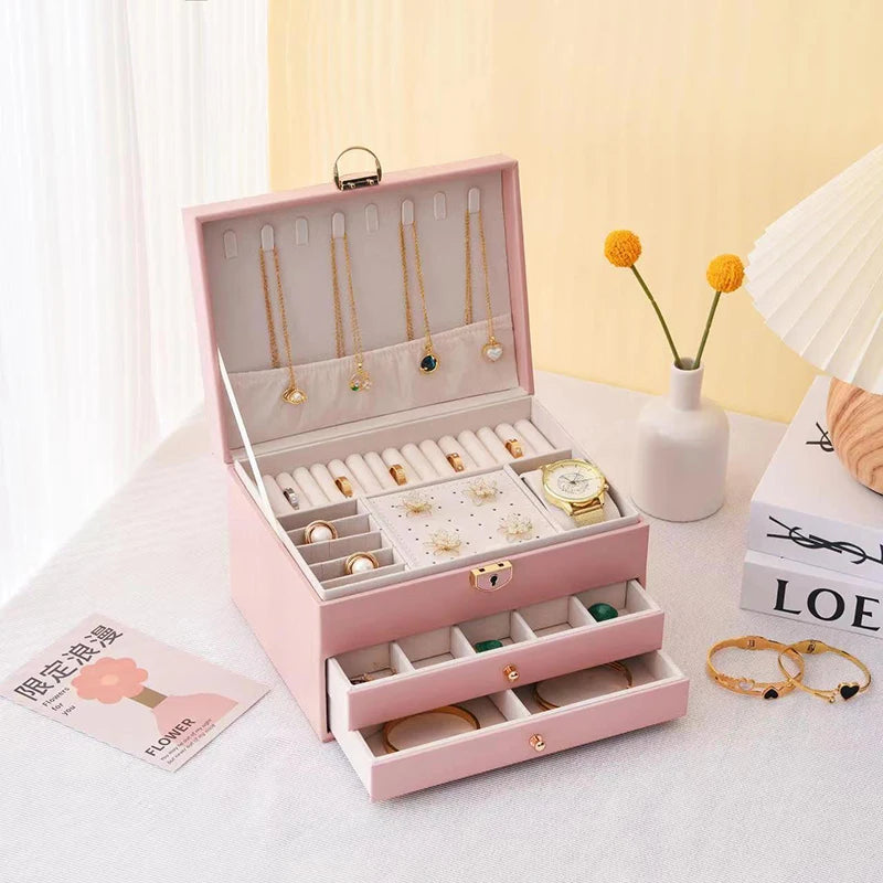 Women's 3-Layer Leather Jewellery Box with Lock