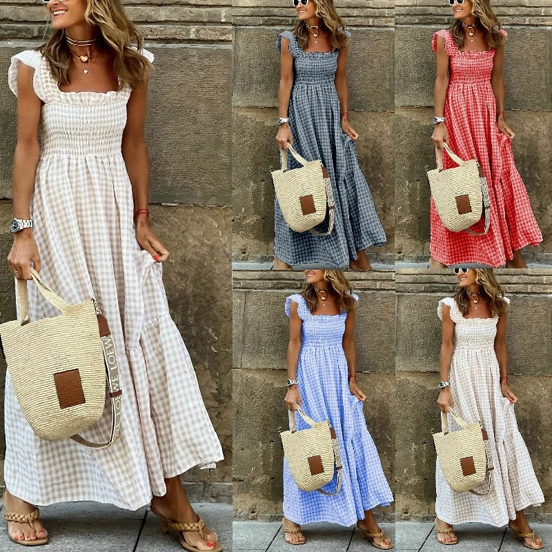 Women's Sleeveless Ruched Plaid Ruffle Long Dress