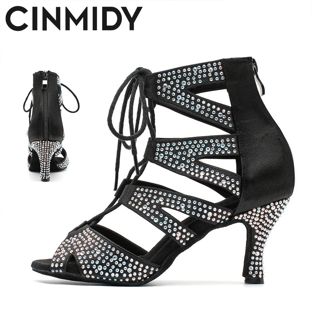 Women’s diamond dance shoes with Cuban heel for ballroom, tango, salsa, and Latin dancing.