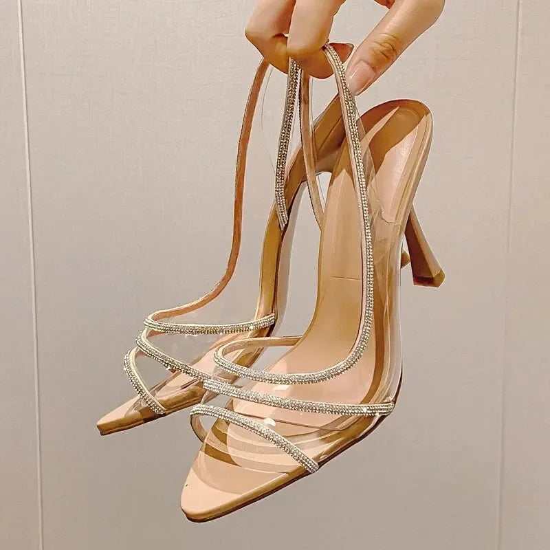 Women’s summer slingback pumps with rhinestones and transparent heels.
