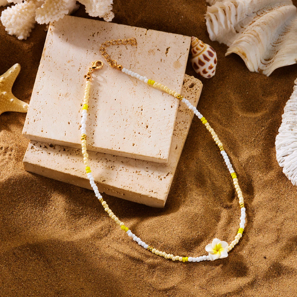 Women's Hawaiian Flower Pearl Beaded Choker Necklace