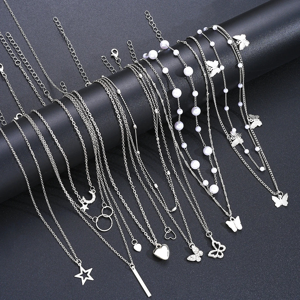 Women's Heart Butterfly Moon Star Pearl Necklace Set 11pcs