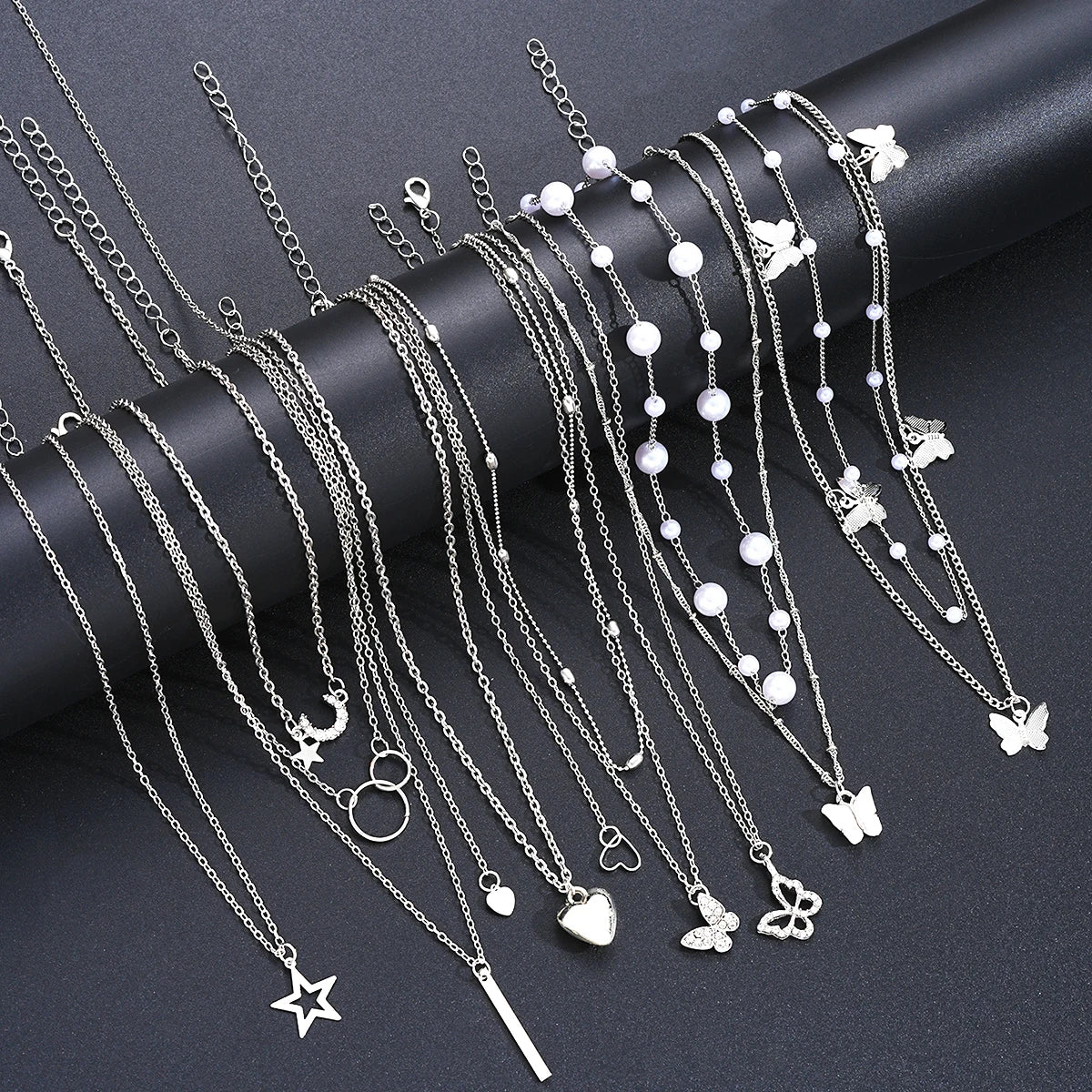 Women's Heart Butterfly Moon Star Pearl Necklace Set 11pcs