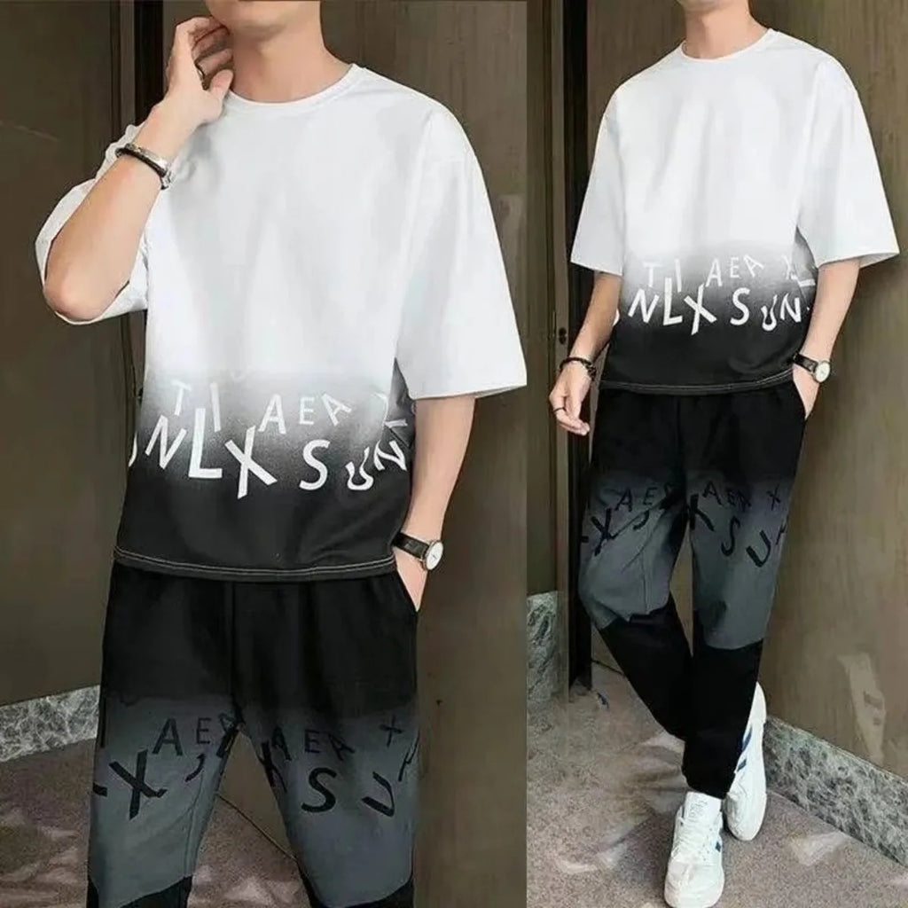 Men's Gradient Letter Print T-Shirt & Pants Set