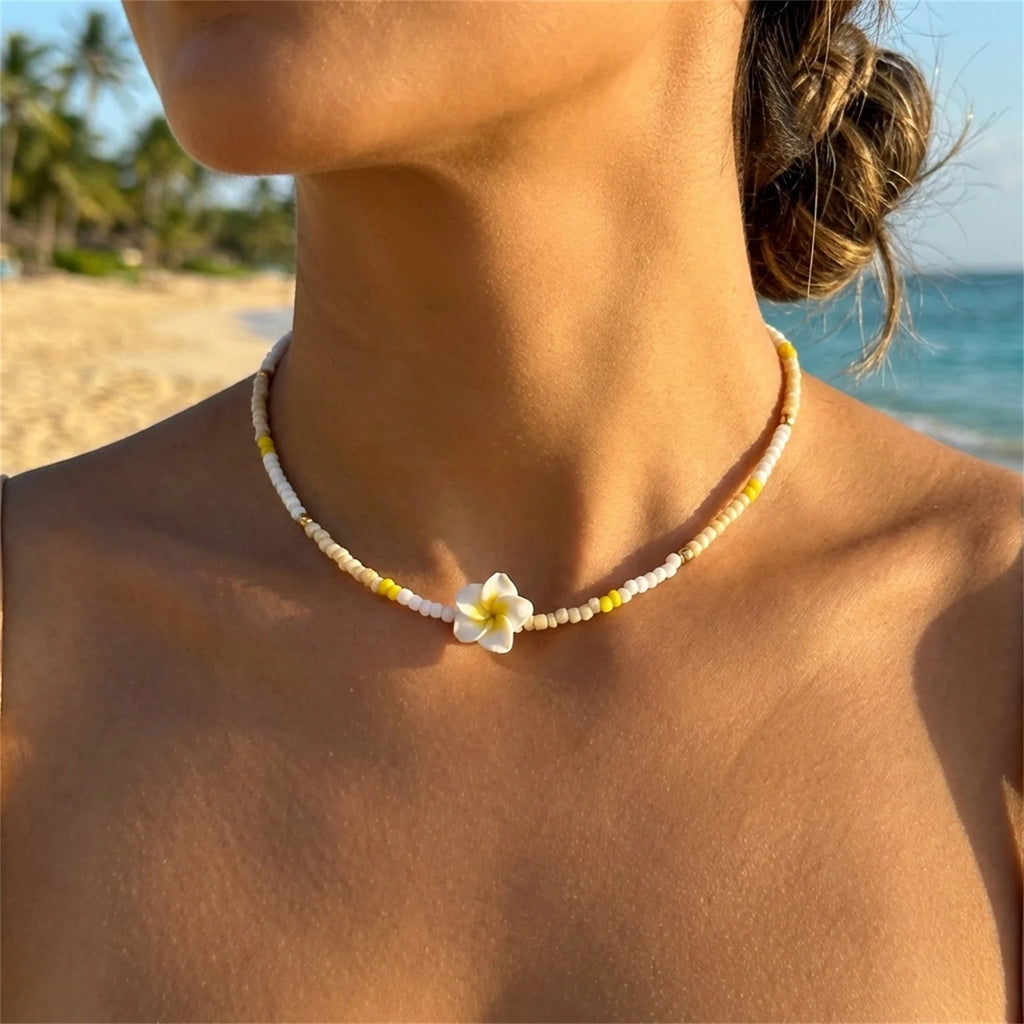 Women's Hawaiian Flower Pearl Beaded Choker Necklace