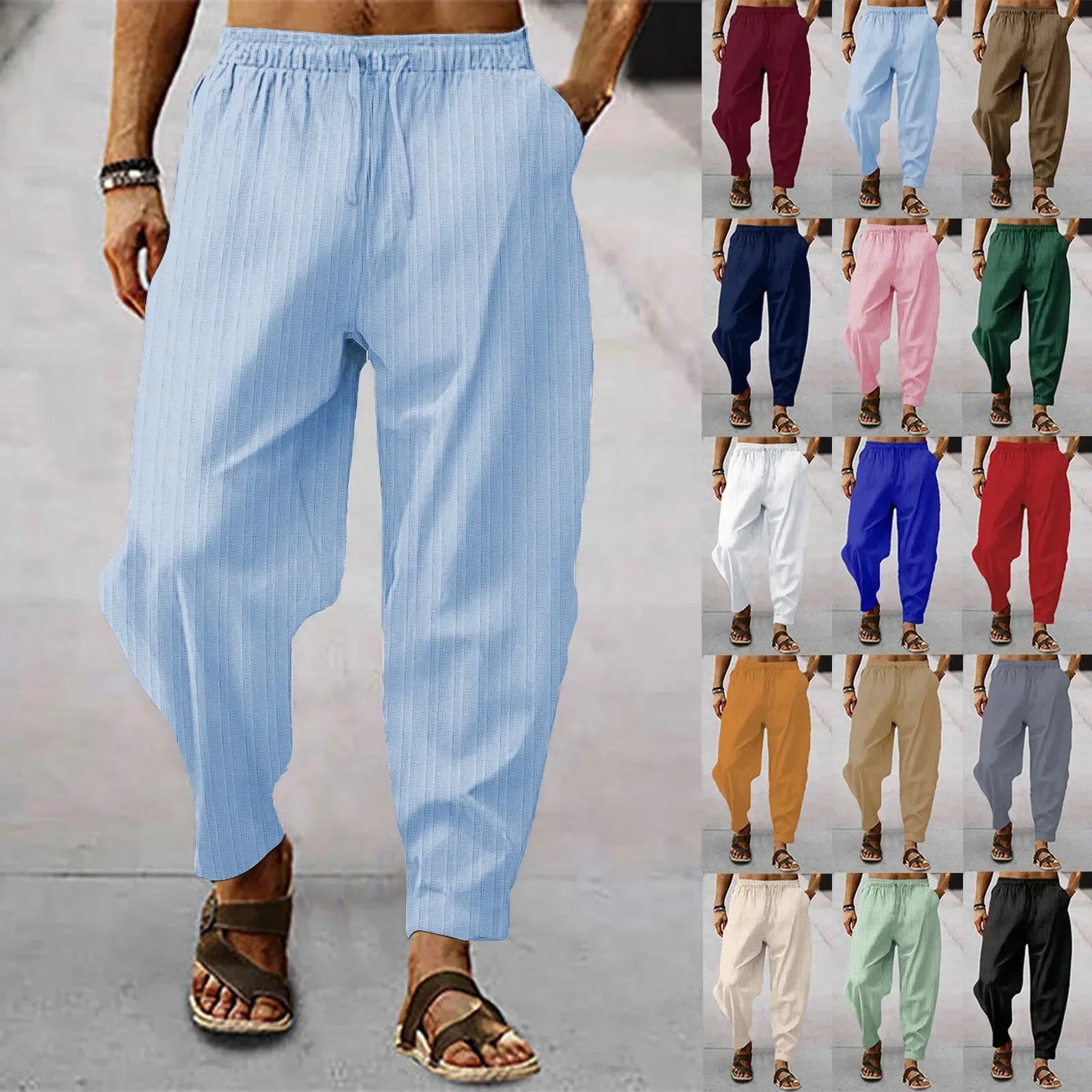 Men's Linen Stripe HipHop Elastic Waist Pants