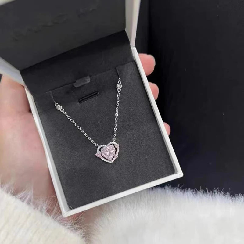 Women's 925 Silver Luxury Zircon Sweet Heart Pendant Necklace