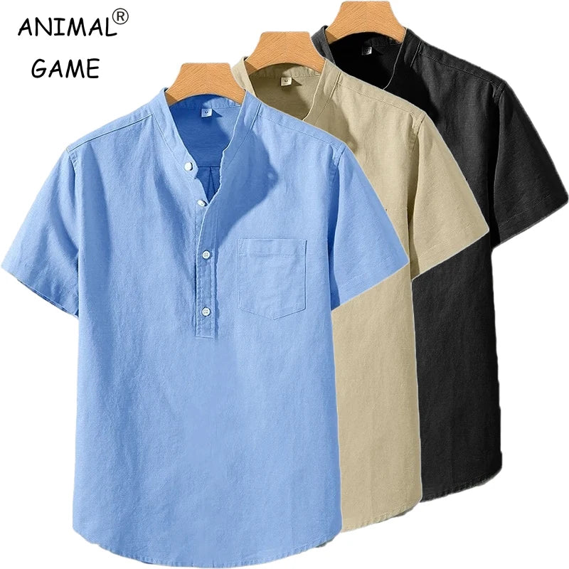 Men's Stand Collar Cotton Pocket T-Shirt