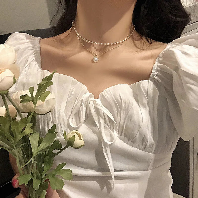 Women's Vintage Gold Pearl Beaded Double Chain Choker