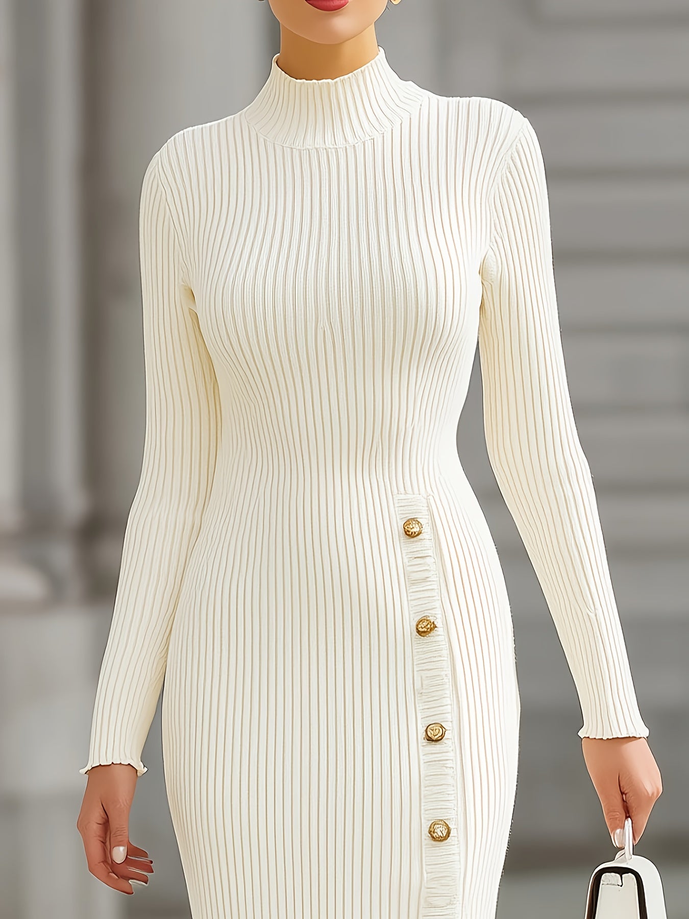 Women's Ribbed Half-Turtleneck Faux Button Midi Dress