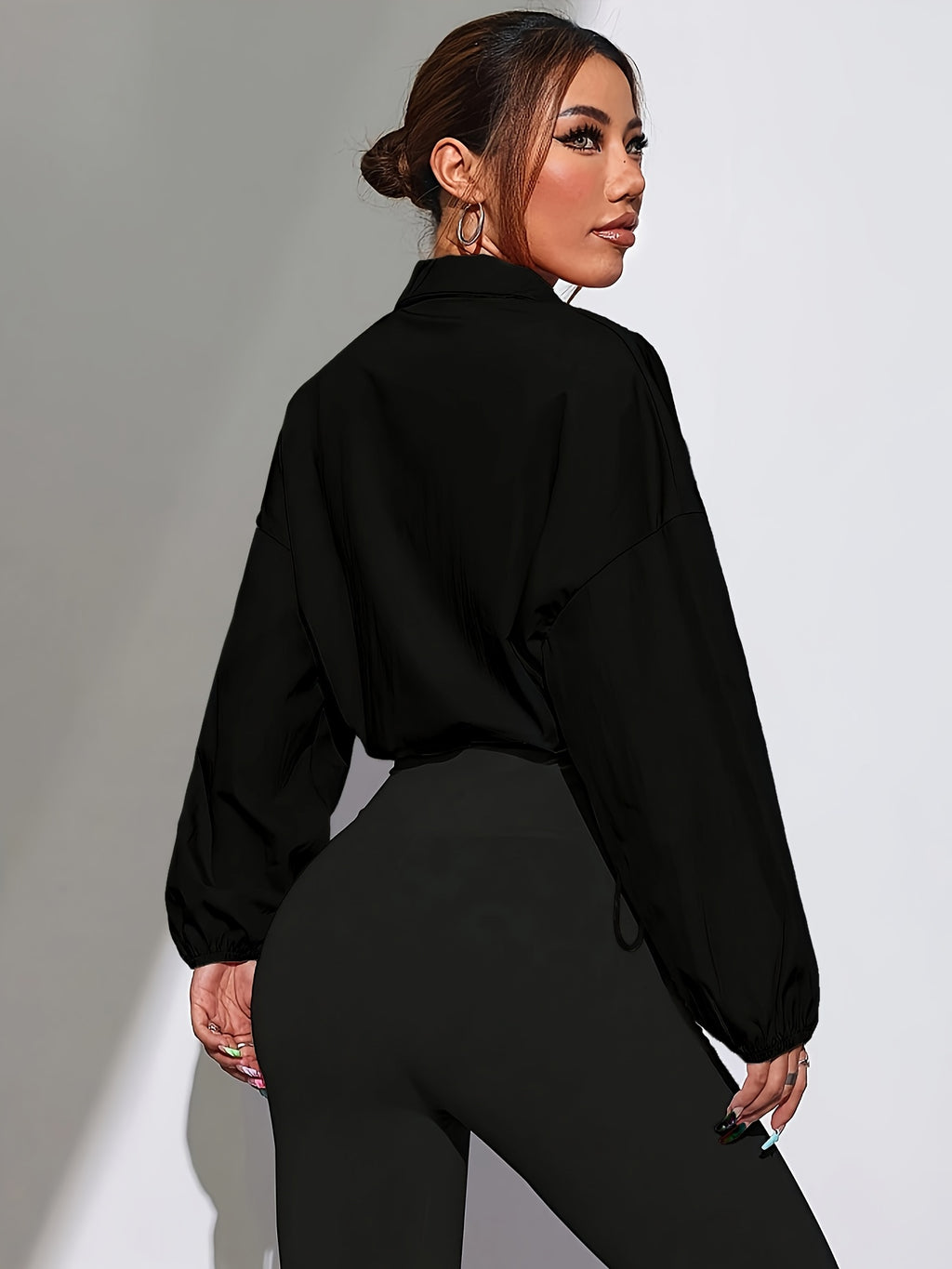 Full-Zip Drawstring Hem Athletic Jacket, Suitable for Spring And Autumn