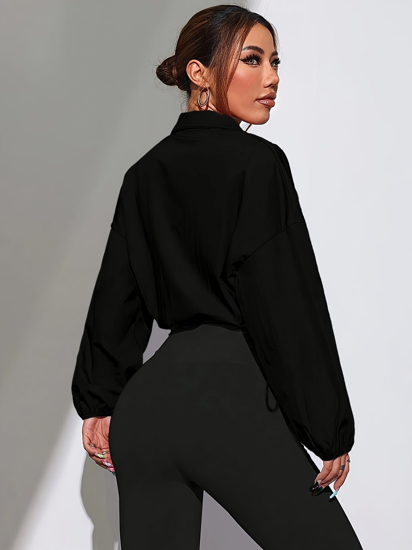 Full-Zip Drawstring Hem Athletic Jacket, Suitable for Spring And Autumn