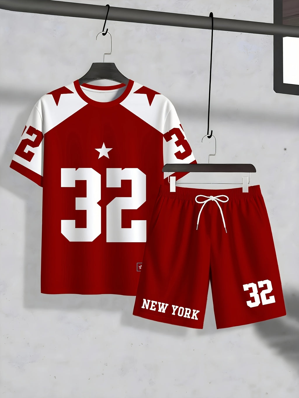 2pcs Men's Casual Short Sleeve Set | Round Neck T-Shirt with "81.28cm and "NEW YORK" Print, Drawstring Shorts, Perfect for Summer Outdoor Activities