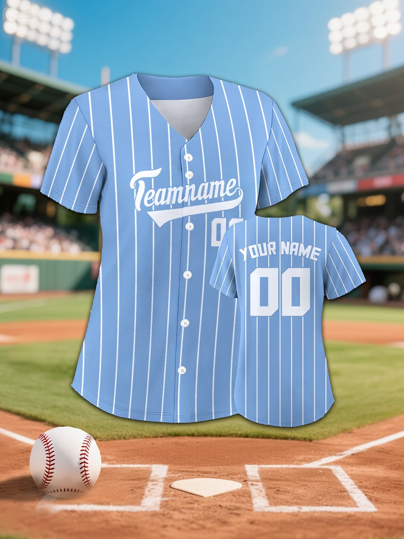 Women'S Custom Baseball Jersey, Light Blue Striped V-Neck Button Baseball Uniform, Personalized Short-Sleeve Baseball Jersey with Custom Numbers And Names, Suitable for Sports Team Training, Casual Daily Wear