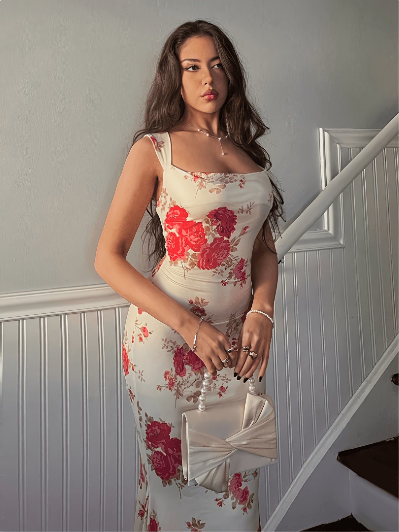 Women's French Rose Fishbone Print Vacation Dress