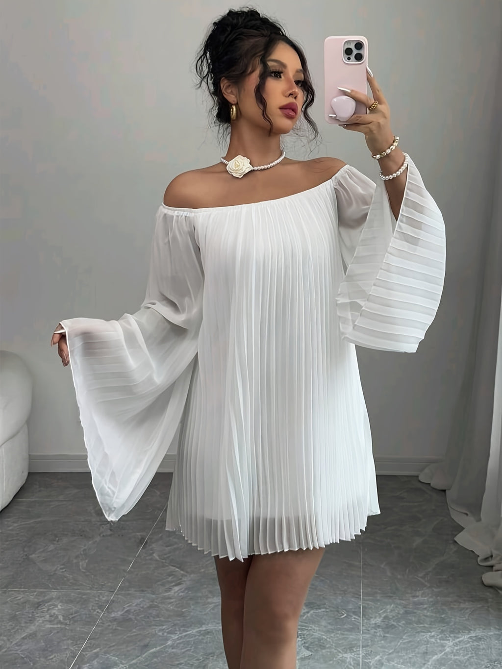 Women's Off-Shoulder Ruched Long Sleeve Chiffon Dress