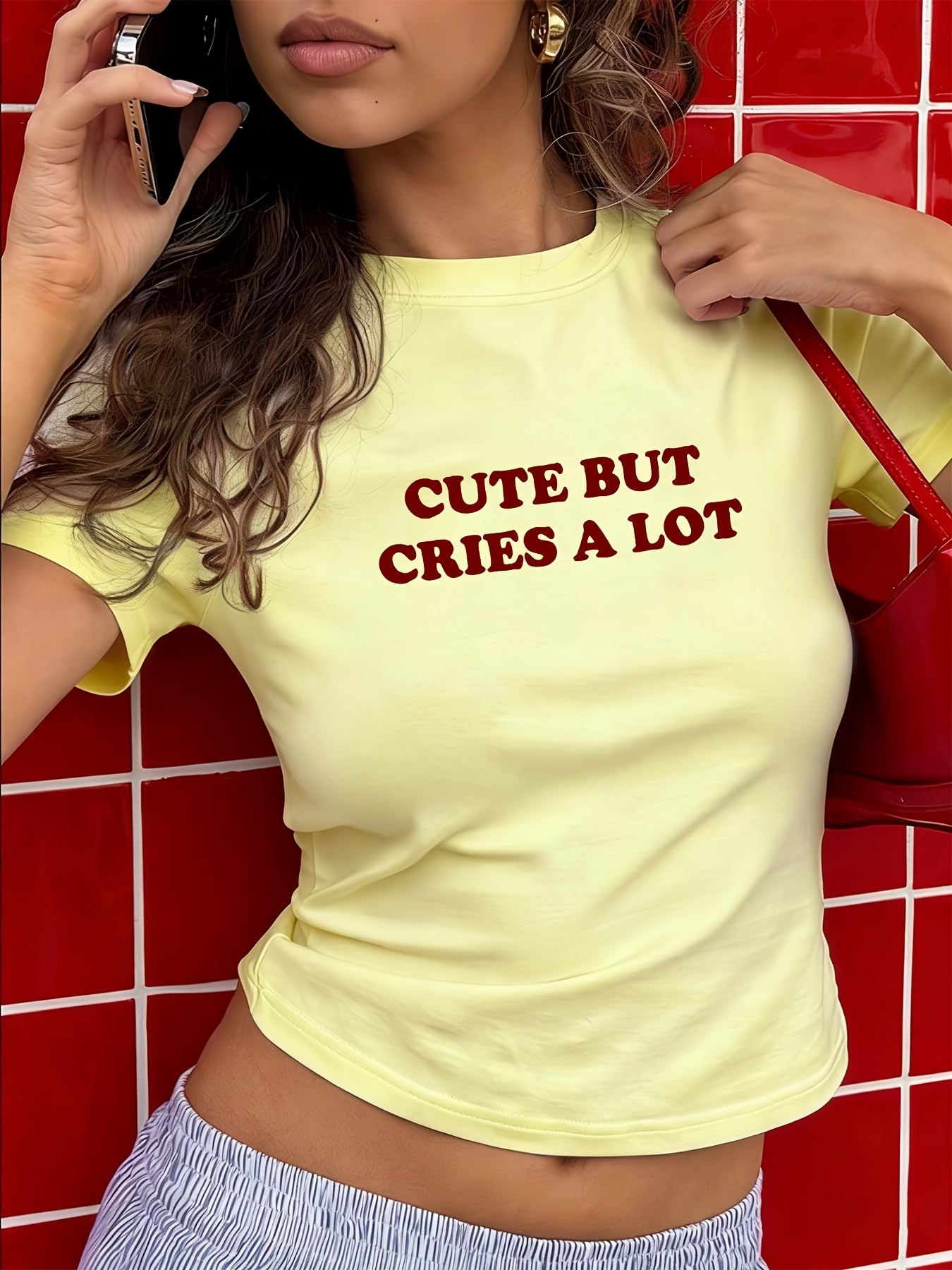 Women's 'Cute But Often Cries' Letter Print Casual Top