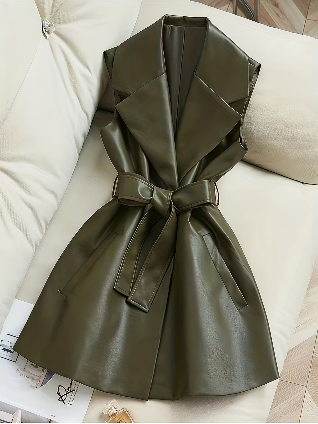 Olive Green Belted Vintage Lapel Jacket
