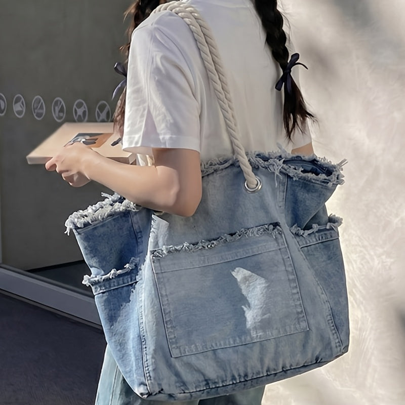 New Fashion Retro Gradient Tassel Large Capacity Women'S Shoulder Bag, Elegant Versatile Soft Hand Feel Easy Casual Tote Bag, Lightweight Travel Spacious Shoulder Handbag, Daily Commute Shopping Multifunctional Small Handbag