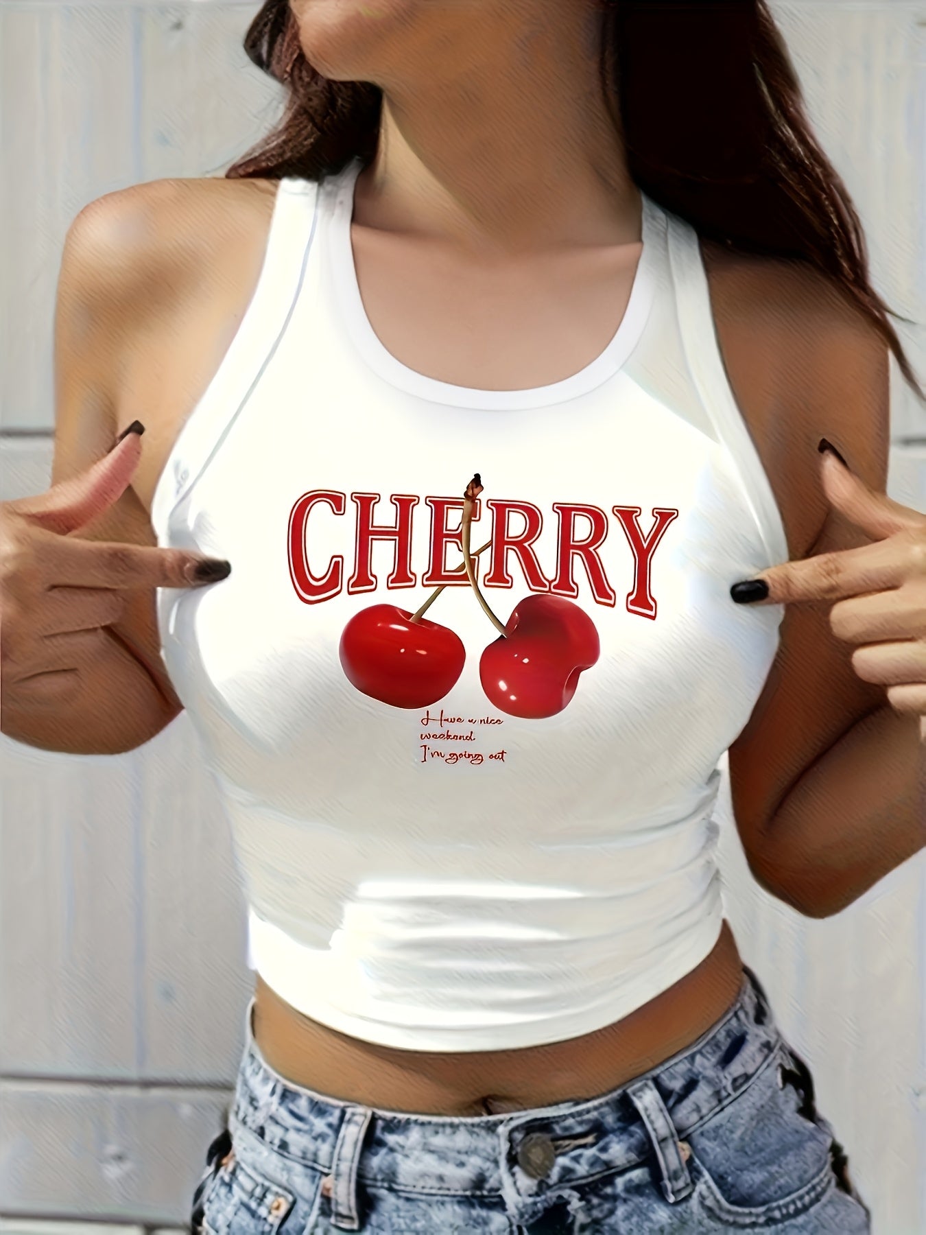 Women's Cherry Print Sleeveless Crop Tank Top