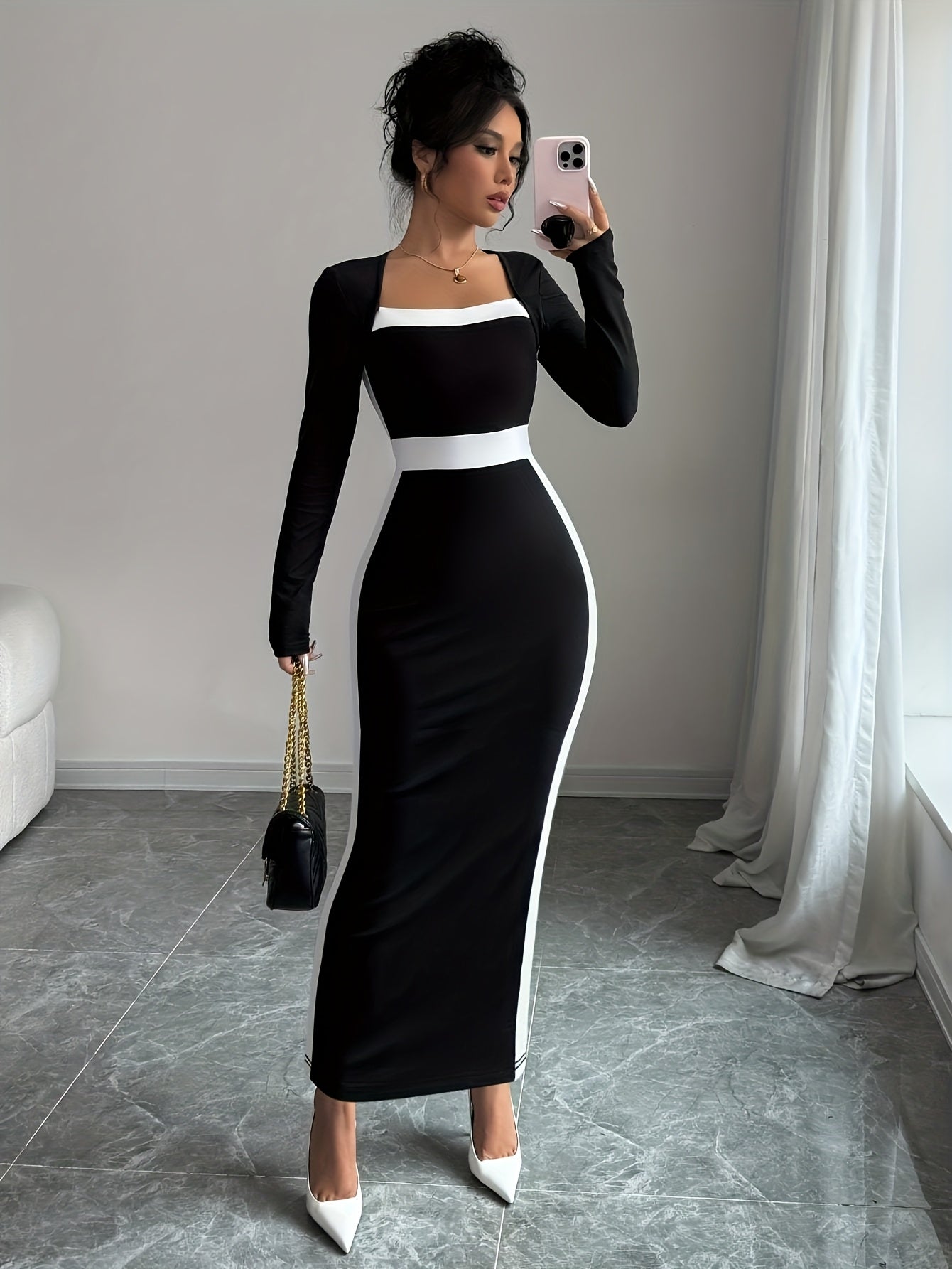Women's French Square Neck Contrast Sleeve Maxi Dress