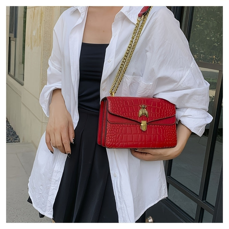 Elegant Women's Shoulder Bag with Stone-patterned Bee Clasp Chain Design, Wide Strap for Comfort, Available in 4 Colors. Suitable for Various Occasions, Featuring Three Compartments for Organized Storage