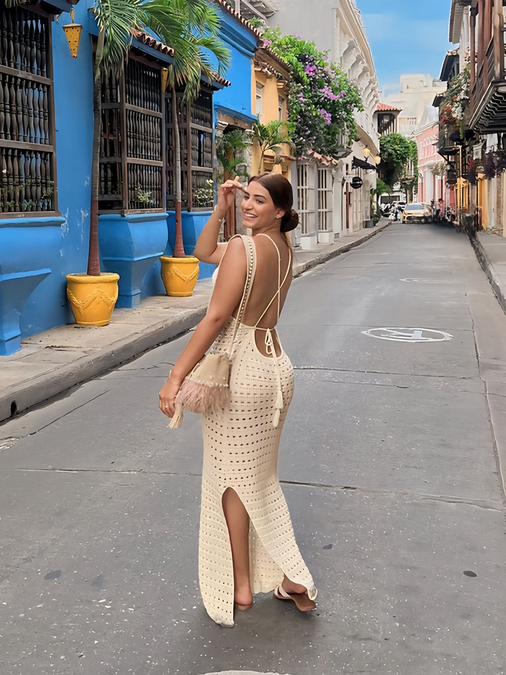 Hollow Out Knitted Backless Crisscross Strap Tie Back Elegant Style Plain Khaki Split Side Cover Up Dress, Women's Swimwear & Clothing