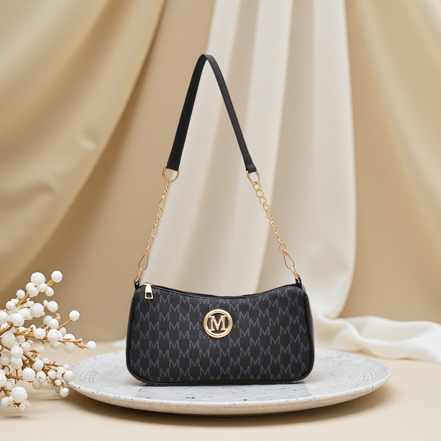 French-Style Vintage Underarm Bag for Women, New Letter Print Small Square Bag with Chain, Single-Shoulder Handbag, Perfect Women's Shoulder Bag with "M" Logo - Zipper Closure Shoulder Bag, Suitable for Daily Commuting and Casual Outings