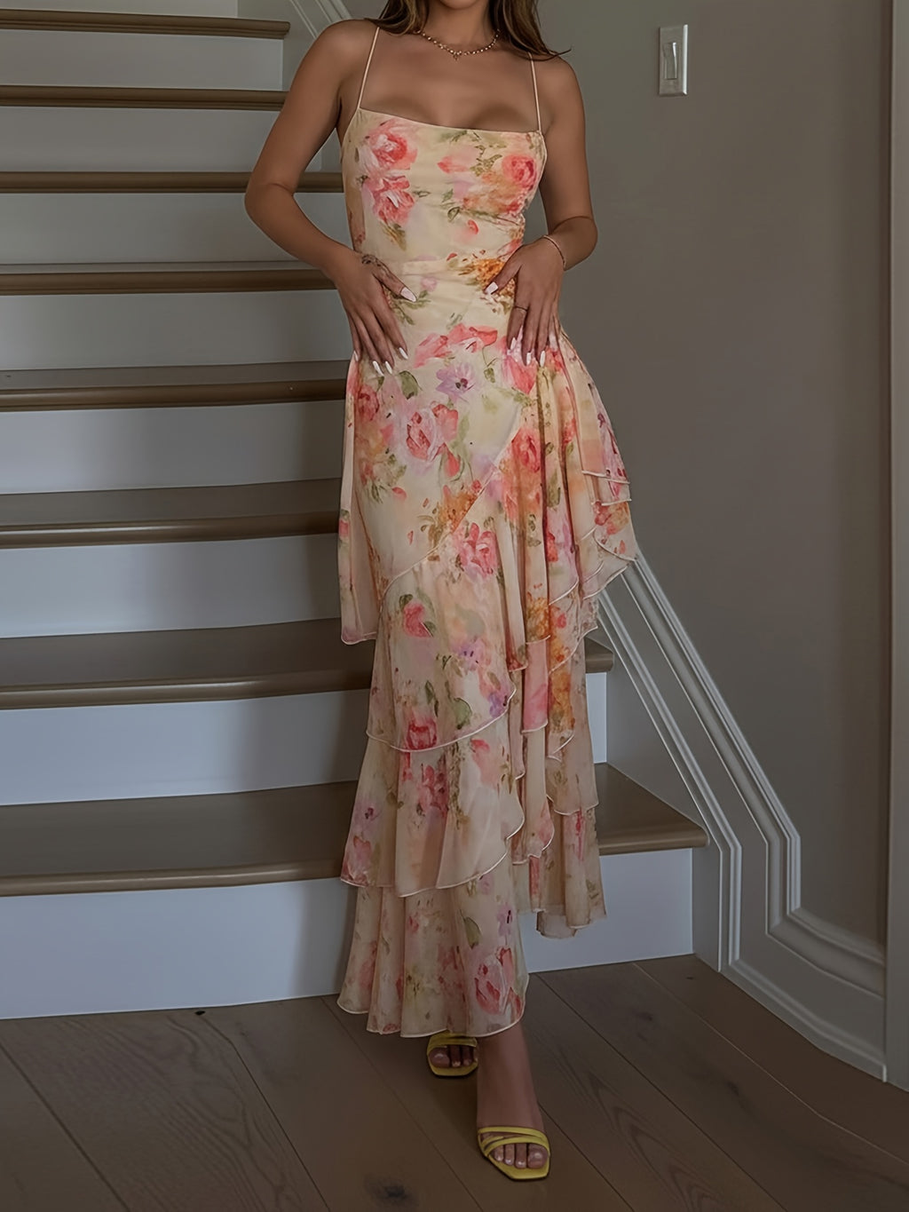 Elegant Vacation Style Floral Print Dress, Asymmetrical Ruffled Flared Suspender Dress Women'S Summer Beach Outing Long Dress