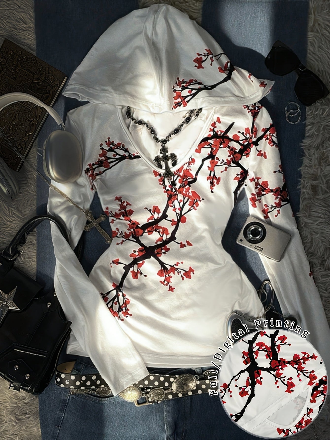 Women's Y2K Plum Blossom Print Hooded V-Neck Sweatshirt