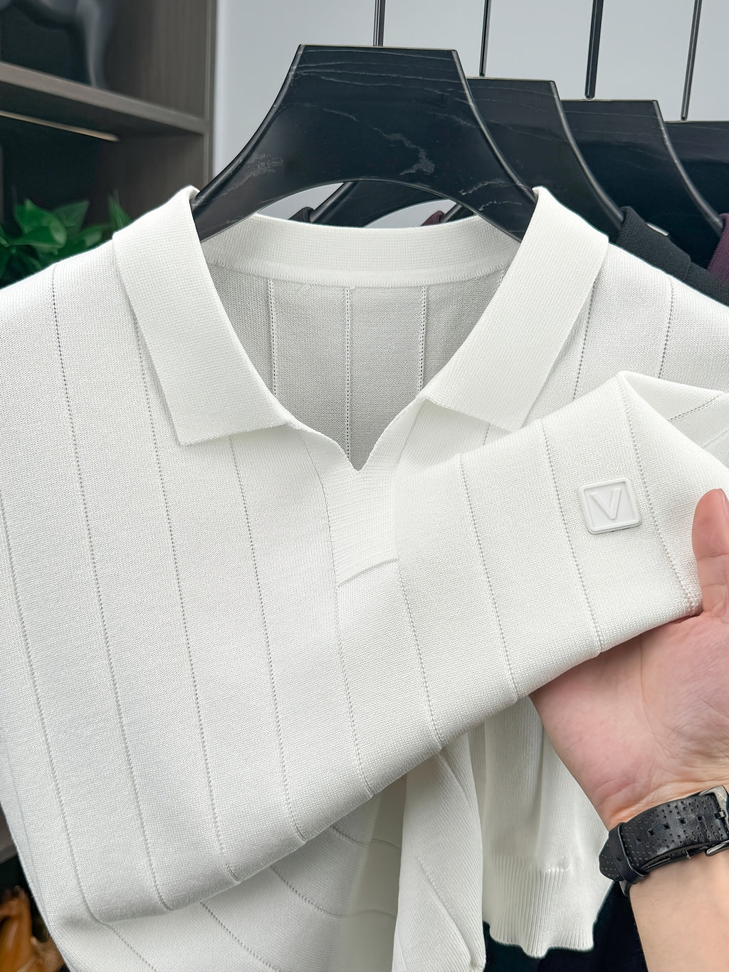 Men'S Knit Polo Shirt Short Sleeve V-Neck Vertical Stripes, Business Casual Spring Summer Commute Top, 1pc Multi-Occasion Ready