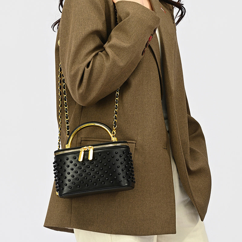Rivet Golden Ball Chain Box Bag for Women, Versatile Handbag And Crossbody Makeup Bag