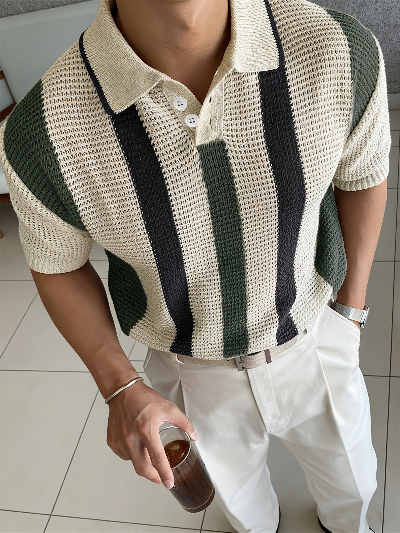 Men's Striped Contrast Polo Knit Pullover
