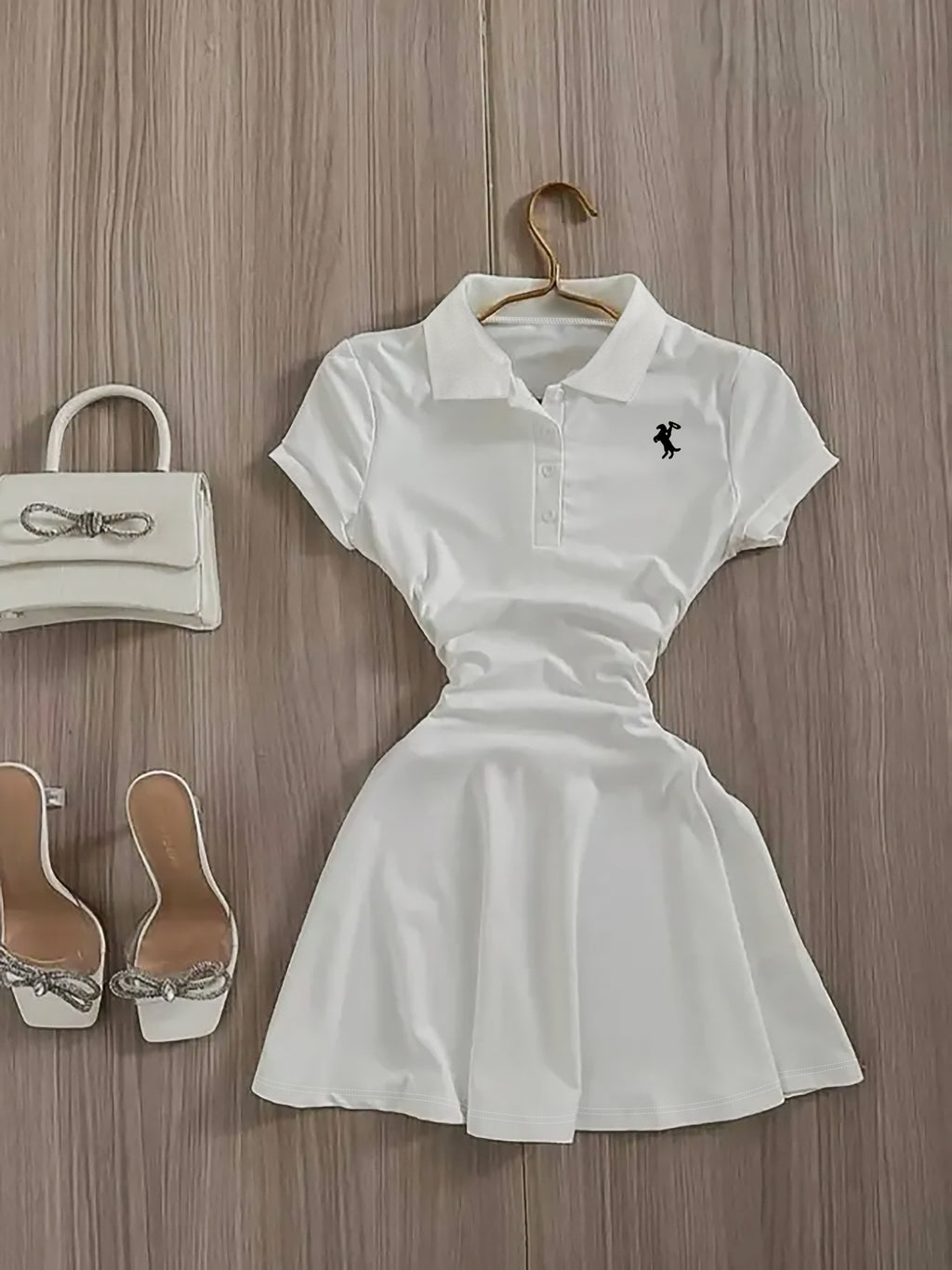 Y2K Embroidered Pattern Pure White Ribbed Collar Dress