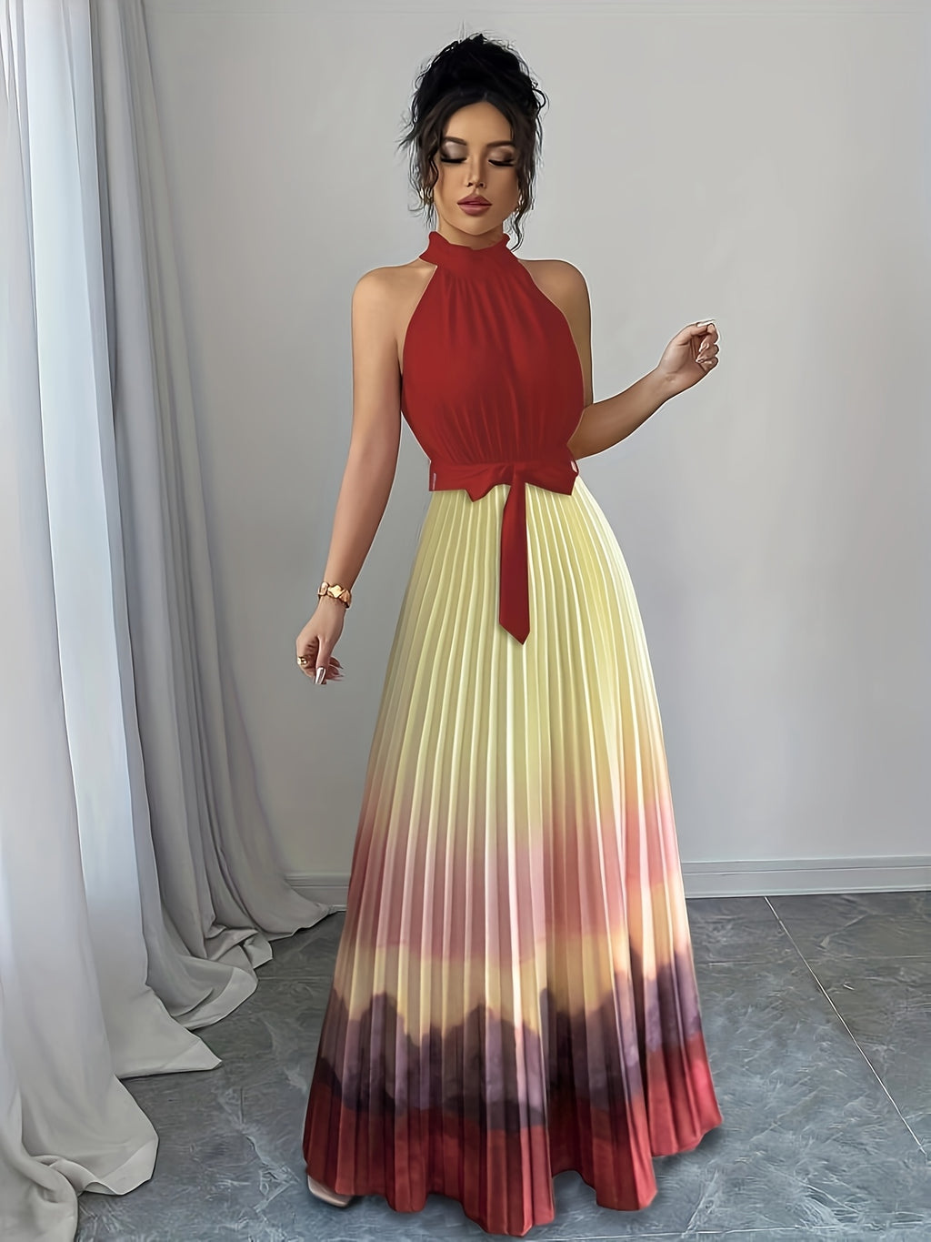Ruffled Gradient Pleated Maxi Dress
