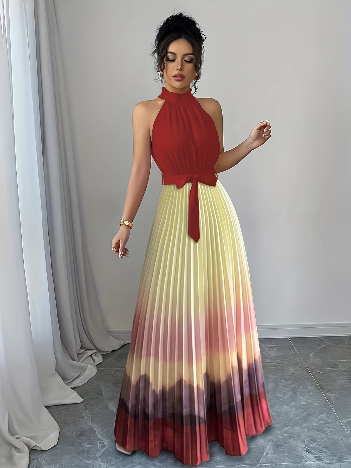 Ruffled Gradient Pleated Maxi Dress