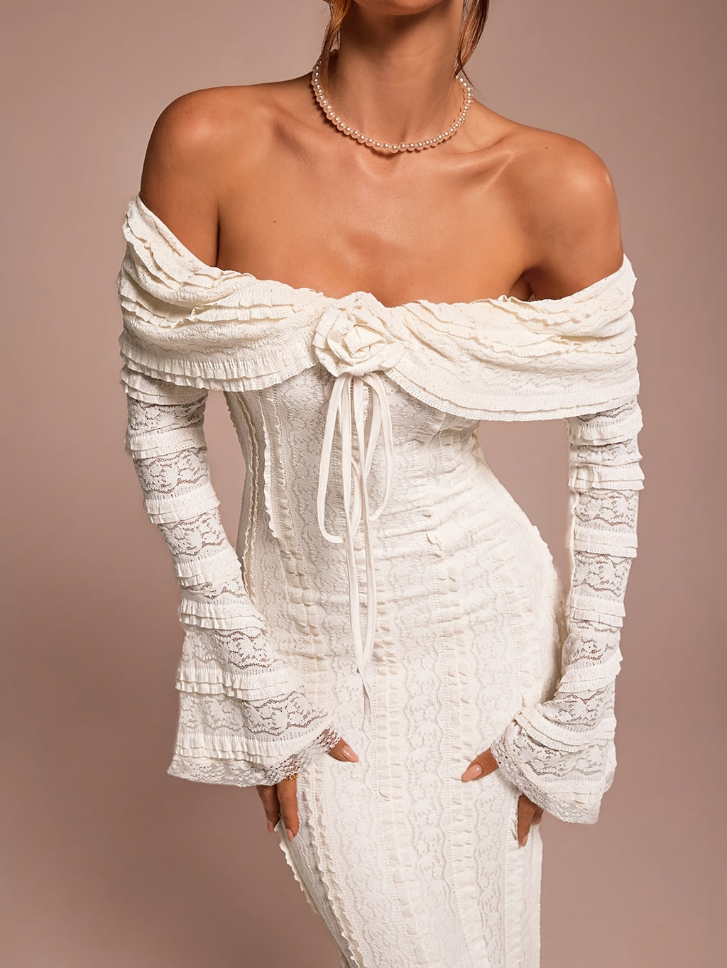 European Women's Fashion Cold Shoulder Tea Break Dress, Sweet and Elegant Off-Shoulder Long Sleeve Date Wear, 3D Floral Lace Gown, Suitable for Valentine's Day, Wedding Season, Parties and Evening Events