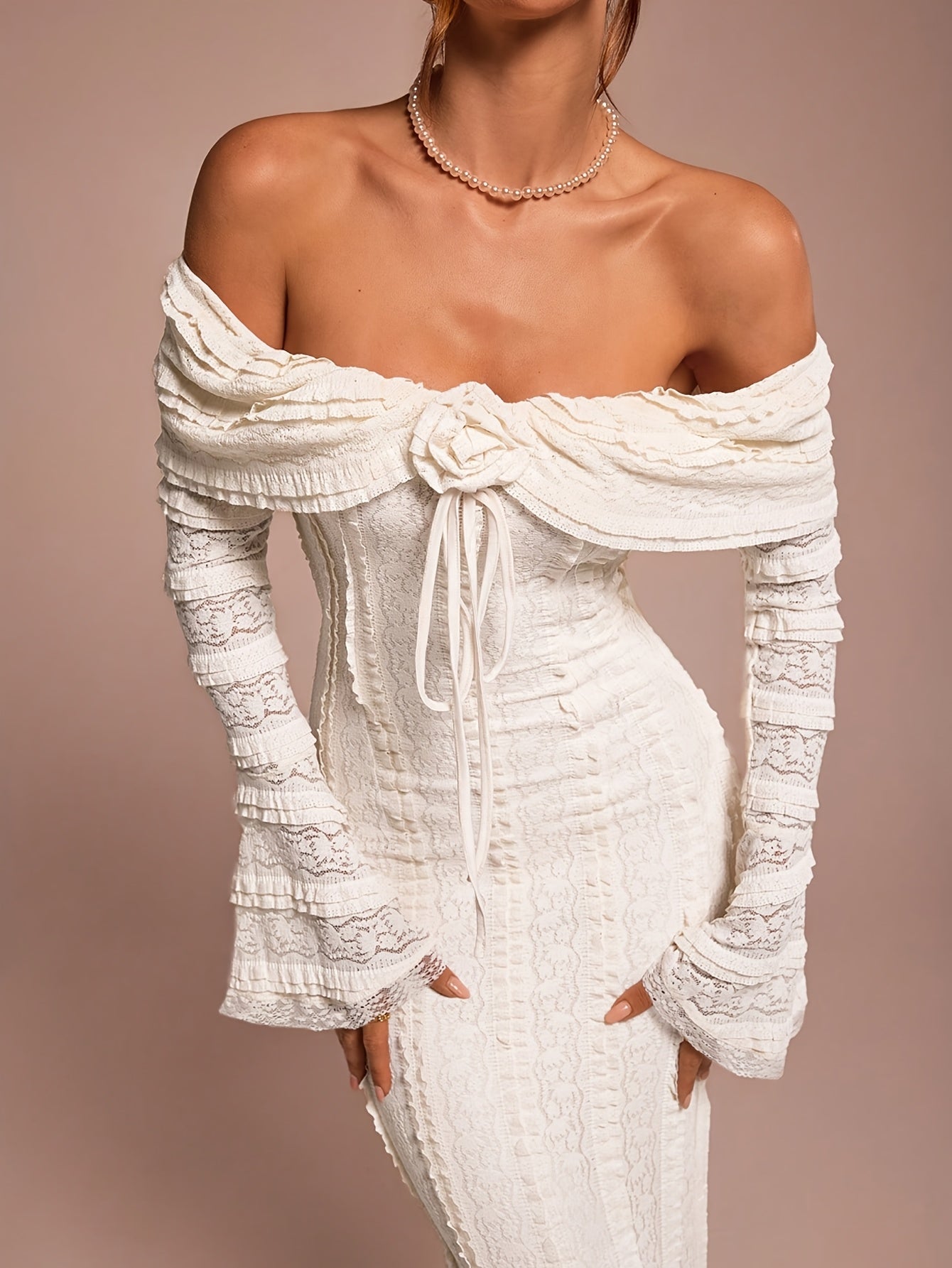 European Women's Fashion Cold Shoulder Tea Break Dress, Sweet and Elegant Off-Shoulder Long Sleeve Date Wear, 3D Floral Lace Gown, Suitable for Valentine's Day, Wedding Season, Parties and Evening Events