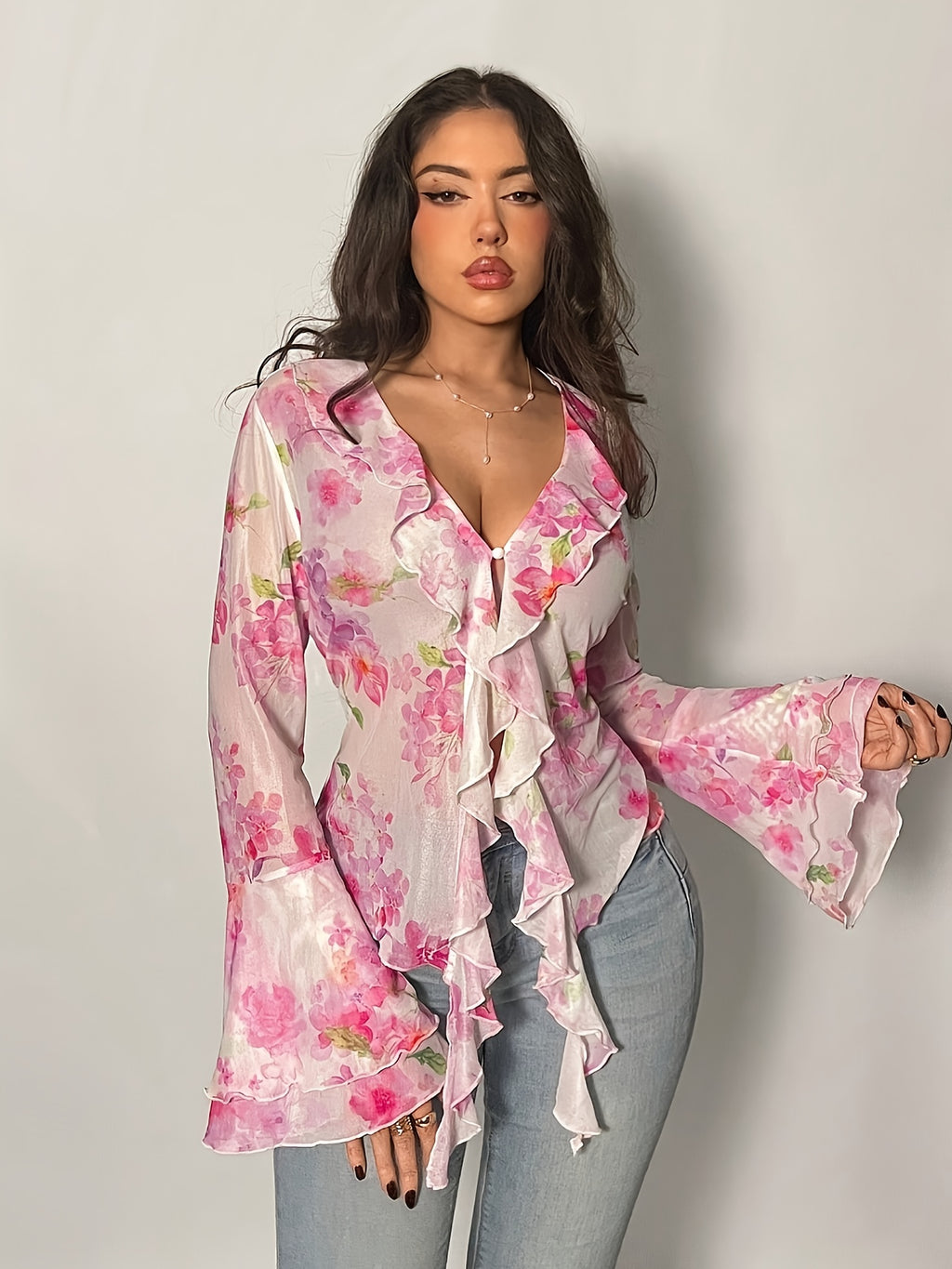 Women's Floral V-Neck Ruffle Long Sleeve Tulle Top