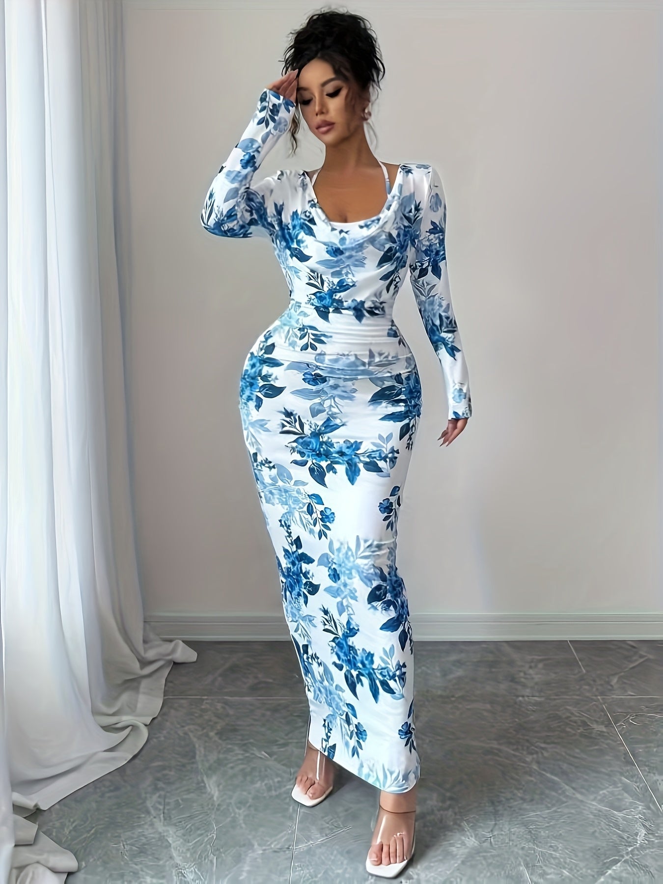 Women's Drop Collar Halter Tie Digital Print Dress