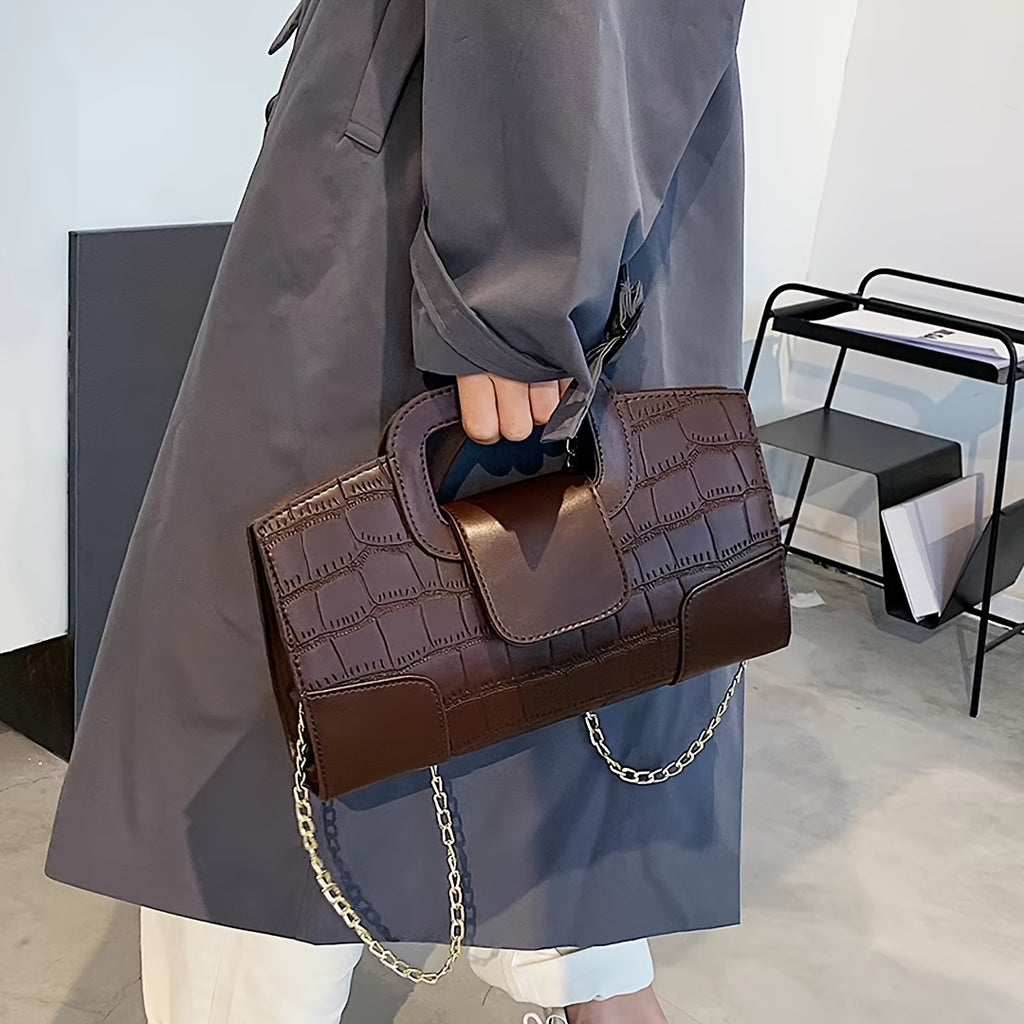 2025 New Crocodile Pattern Evening Bag for Women, Vintage Large Capacity PU Clutch with Unique Chain Strap, Versatile Shoulder or Crossbody Bag, Fashionable Coffee Brown Evening Bag, Simple and Elegant Banquet Handbag, Casual Trendy Women's Handheld