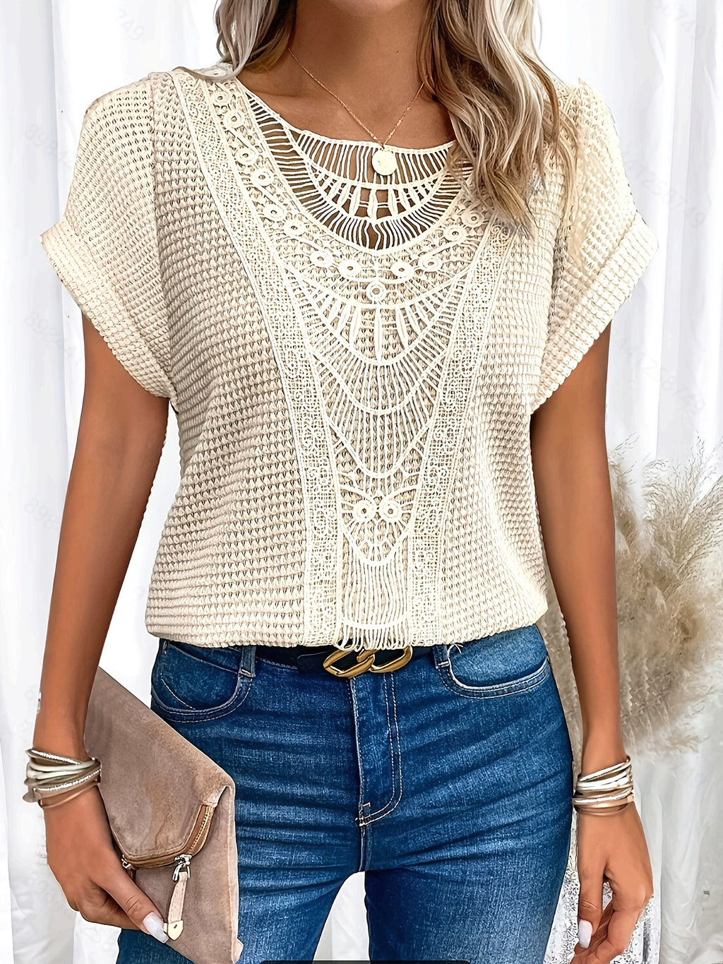 Women's Batwing Sleeve Lace Trim Semi-Sheer Blouse