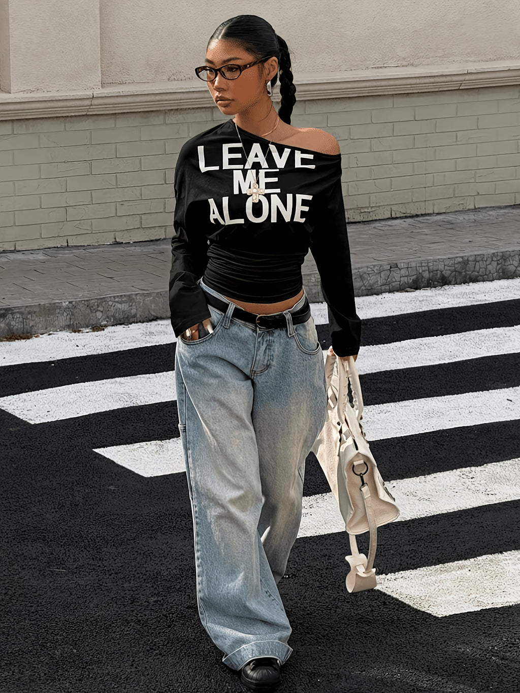 Women's Letter Print Asymmetric Shoulder Y2K Street Top