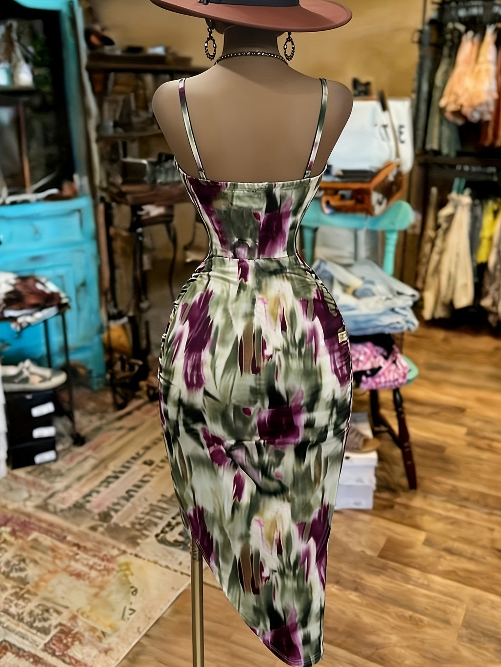 Women's Printed Irregular Ruched Cami Dress