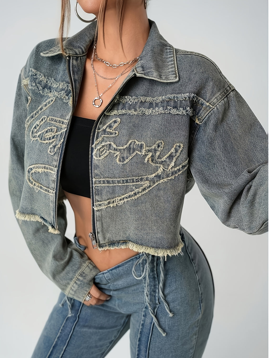 Zippered Denim Jacket Women's Fashion Top