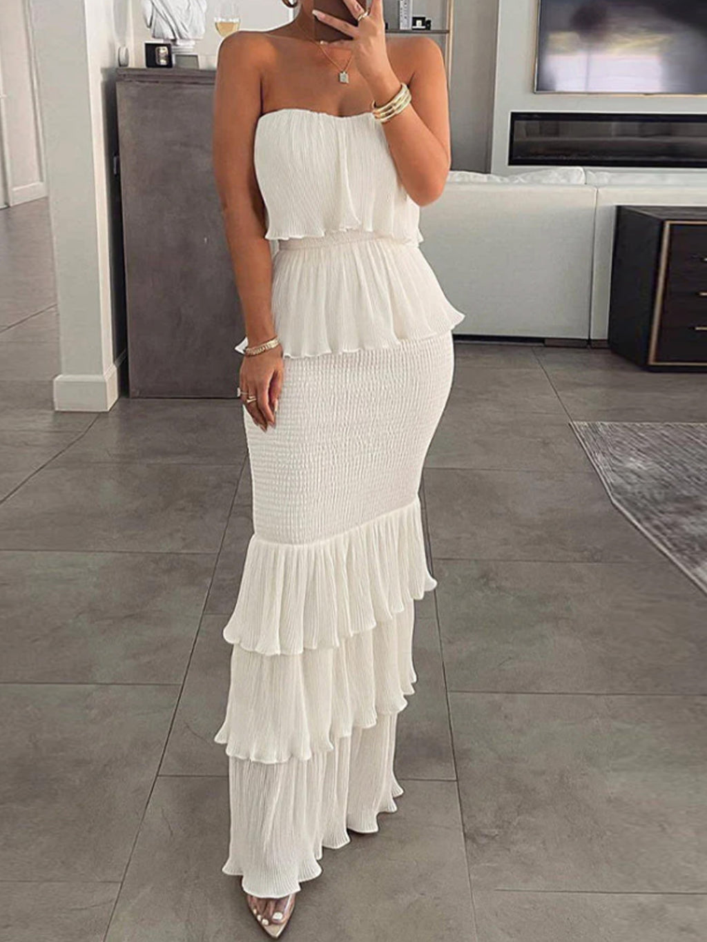 Women's Tube Top Pleated Ruffle Multi-Layer Dress